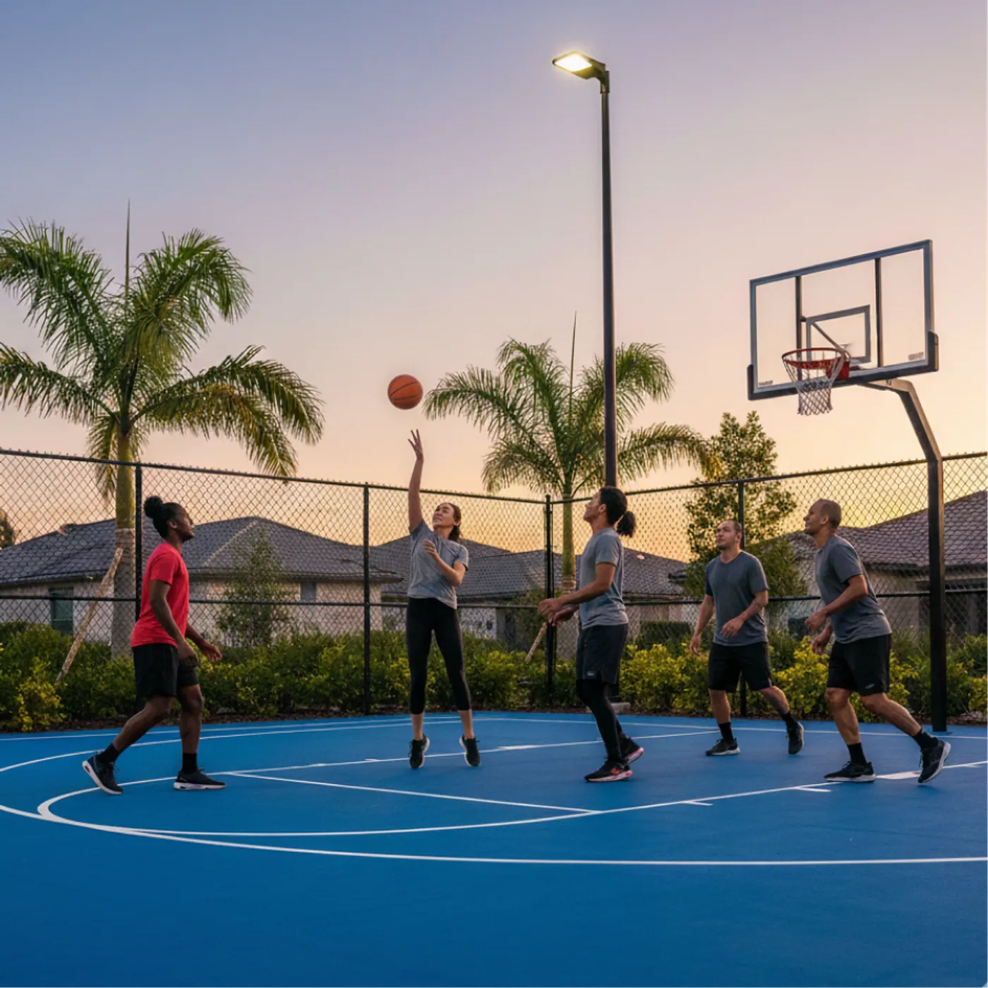 Residents playing on the community basketball court