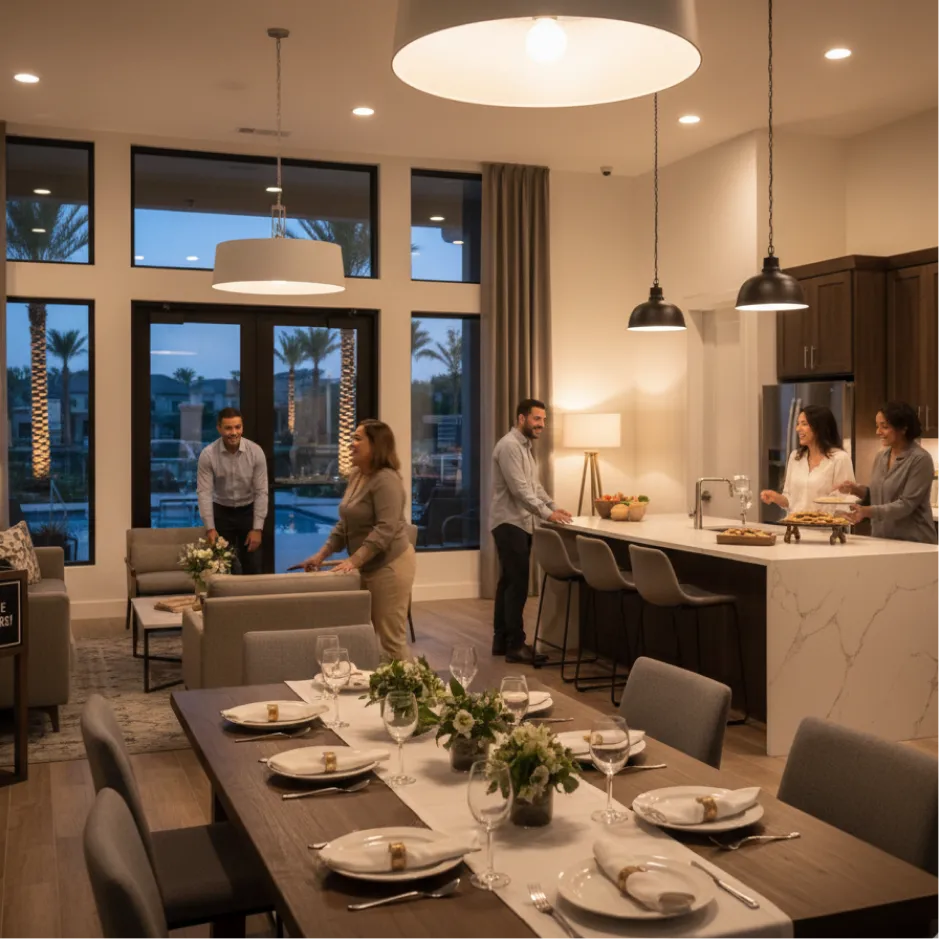 Clubhouse interior prepared for a neighborhood gathering