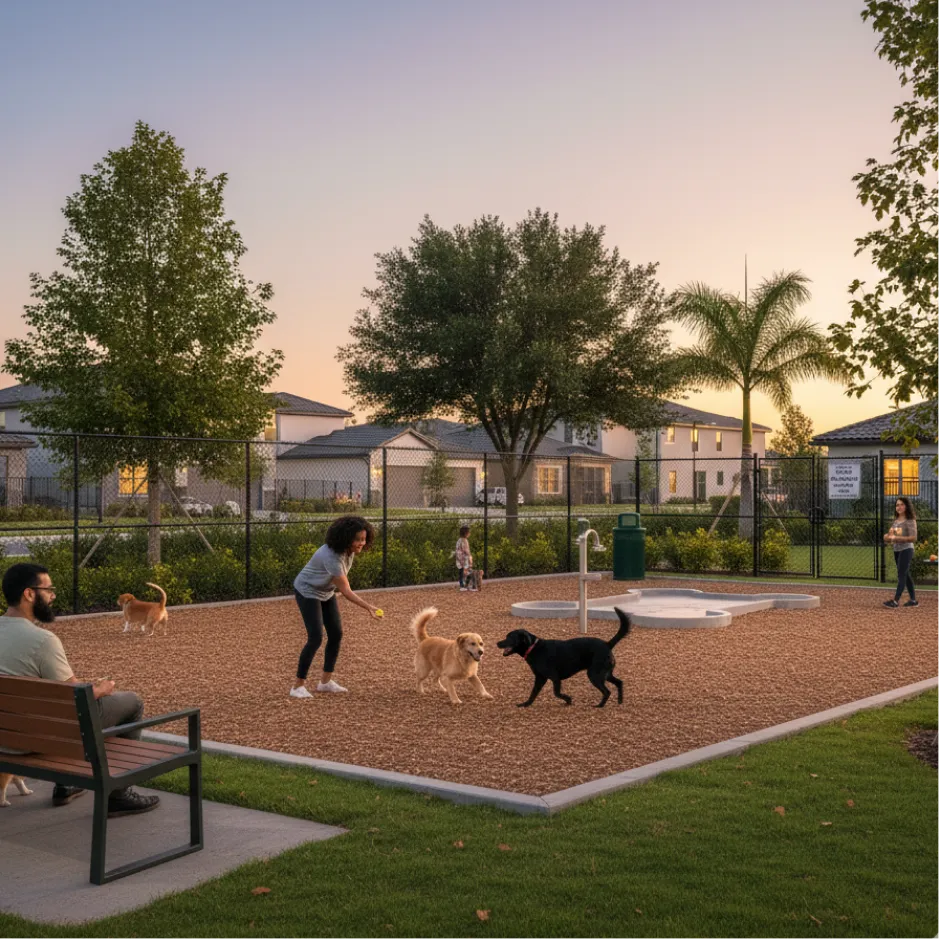Residents with dogs at the fenced dog park