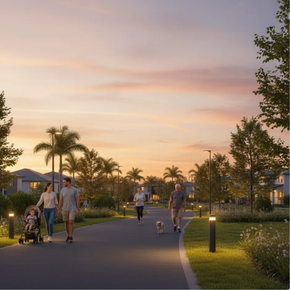 Residents walking along tree-lined community trails